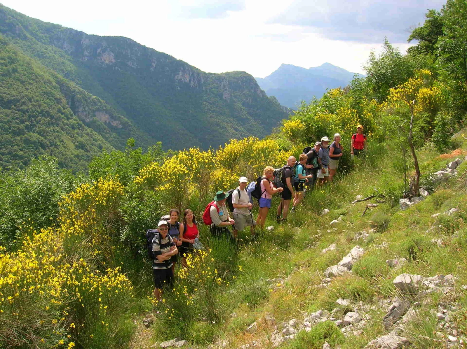 Small group participating in a guided nature walk along a lakeside trail